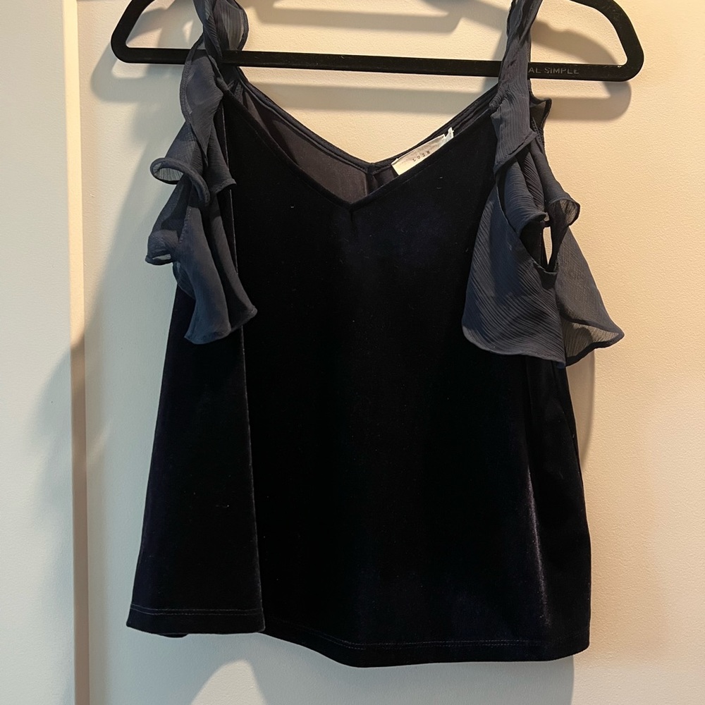 NWT Lush velvet navy blue top with ruffle sleeves